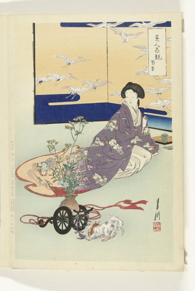 Little Dog Playing with Flower Cart (Comparisons Between Beauties and Flowers) (Bijin hana kurabe) by Ogata Gekko