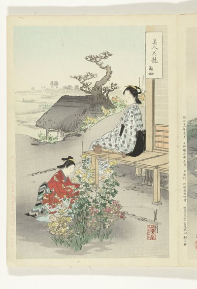 Caring for the Chrysanthemums Comparisons between Beauties and Flowers (series title) Bijin hana kurabe (series title on object) by Ogata Gekko