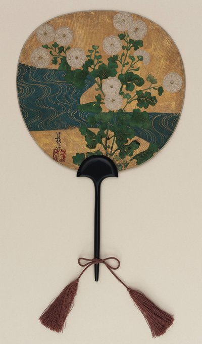 Fan; on one side Narihira and the pilgrim; on the other, chrysanthemums and a brook, Edo period, late 17th- early 18th century by Ogata Korin