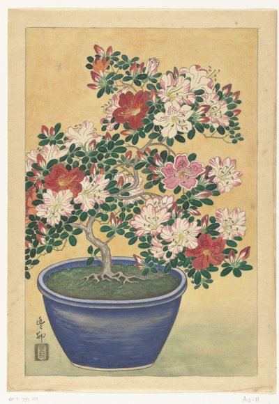 Blooming Azalea in Blue Pot by Ohara Koson (signed by artist)