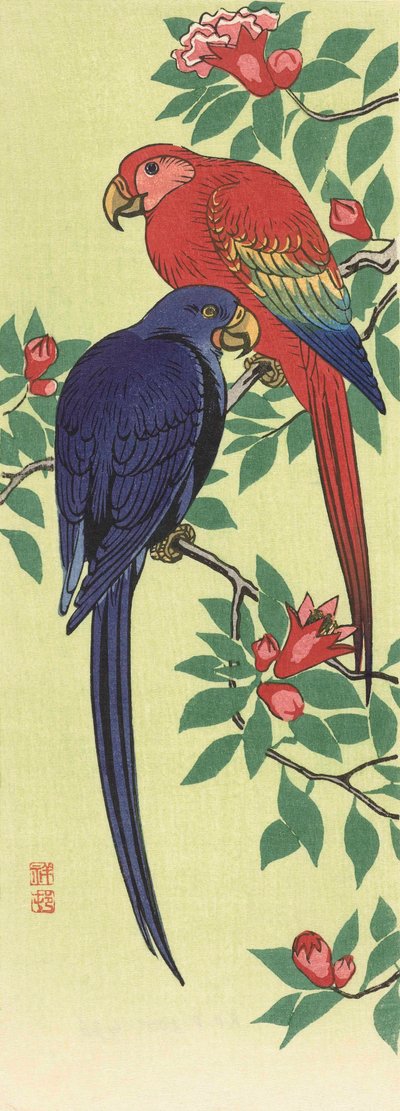 A Red and a Blue Parrot by Ohara Koson