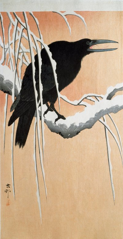 A Raven on a Snowy Branch by Ohara Koson (1910). Private Collection by Ohara Koson