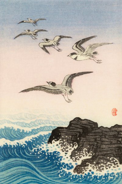 Five Seagulls Above a Rock in the Sea by Ohara Koson