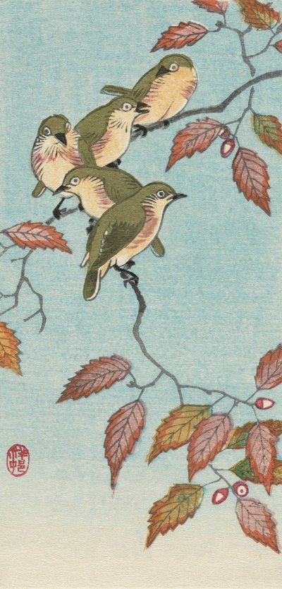 Five Small Birds on a Twig by Ohara Koson