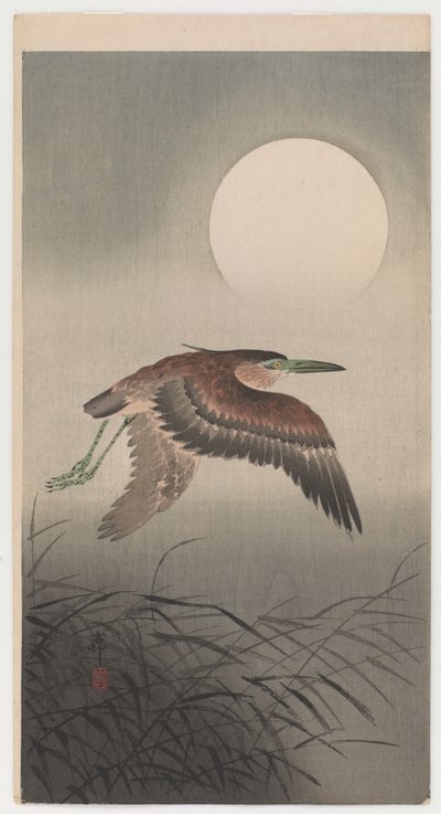 Flying Heron And Full Moon by Ohara Koson