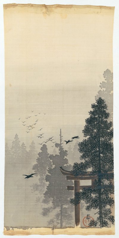 Landscape with Flock of Birds and Torii by Ohara Koson