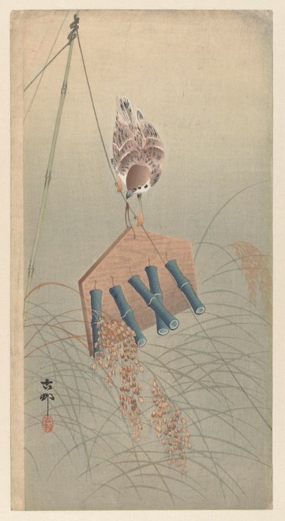 Sparrow on a Scarecrow by Ohara Koson