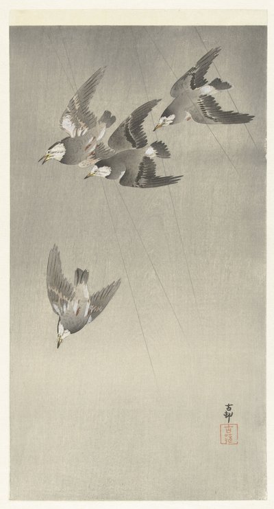 Starlings in the Rain by Ohara Koson