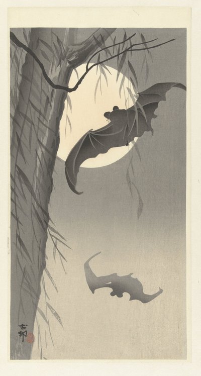 Two Bats by Full Moon by Ohara Koson