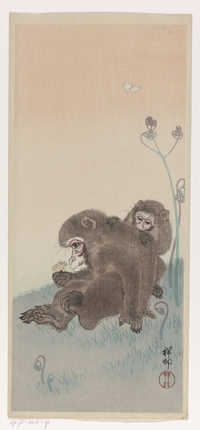 Two monkeys with a butterfly, c.1900-45 by Ohara Koson