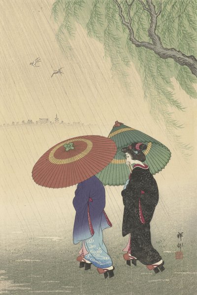 Two women in the rain by Ohara Koson
