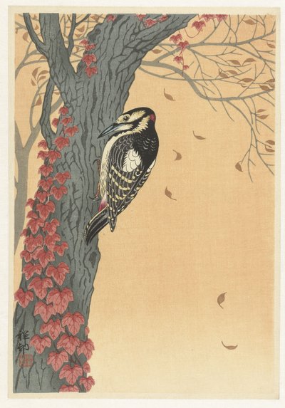 Woodpecker in a tree with red ivy by Ohara Koson