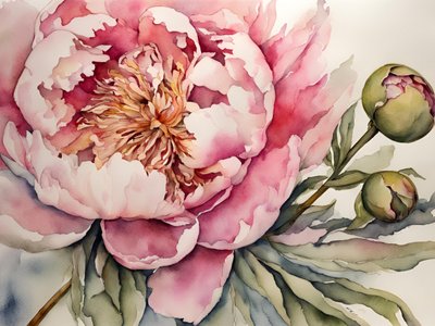 Pink Peony Watercolor by Ohkimiko