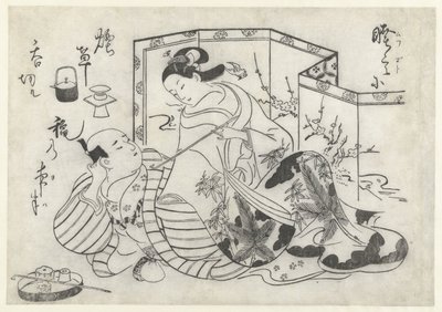 Japanese Man and Woman, Smoking in Front of a Screen by Okumura Masanobu (attributed to)