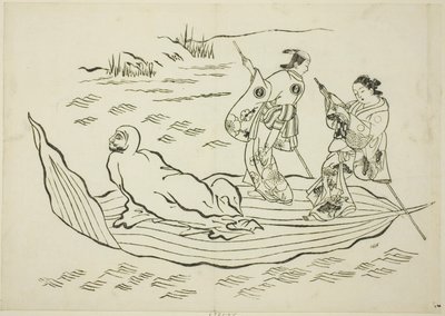 Daruma Crossing the Sea on a Leaf, No. 7 from a Series of 12 Prints by Okumura Masanobu