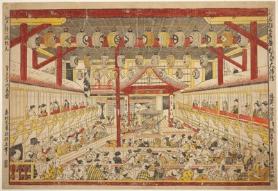 Large Perspective Picture of the Kaomise Performance on the Kabuki Stage by Okumura Masanobu