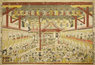 Large Perspective Picture of the Kaomise Performance on the Kabuki Stage by Okumura Masanobu