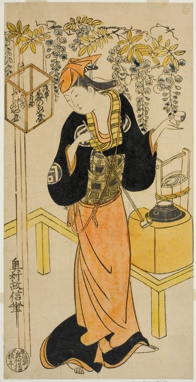 The Actor Sanogawa Mangiku I as Ohatsu in the play "Sogazaki Shinju," performed at the Nakamura Theater in the fourth month, 1719 by Okumura Masanobu