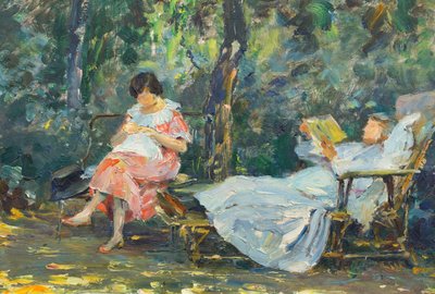 Reading and Knitting in the Garden by Olga (1881 1941) Slomszynska