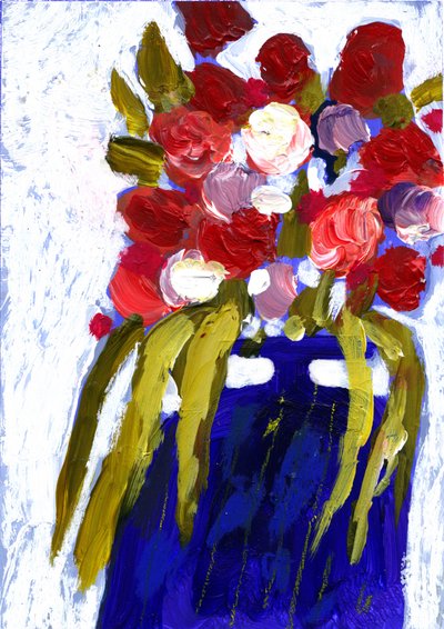 Colorful Flowers Blue Vase by Olga Skomorokhova