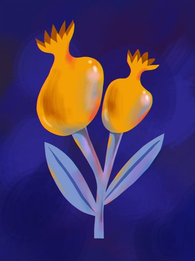 Stylized Golden Pomegranates by Olga Skomorokhova