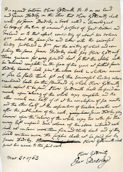 Agreement by Oliver Goldsmith to Write for James Dodsley, 31st March 1763 by Oliver Goldsmith