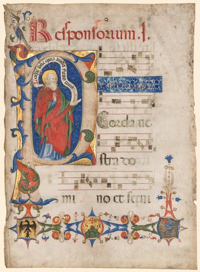 Leaf from an Antiphonary: Historiated Initial P with the Prophet Samuel; Arms of the Visconti Family and the Olivetan Order by Olivetan Master