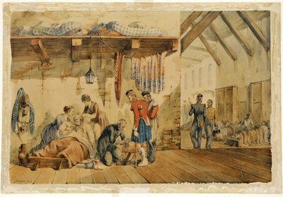 Hospital Scutari, Scene with Nurses and Soldiers of the Highland Regiment by Orlando Norie