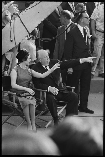Princess Margaret and Alfred Hitchcock on the set of 