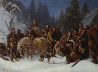 Inga Kongemor entrusts her son Håkon Håkonsson to the Birkebeiner chief Dagfinn Bonde by Oscar Arnold Wergeland