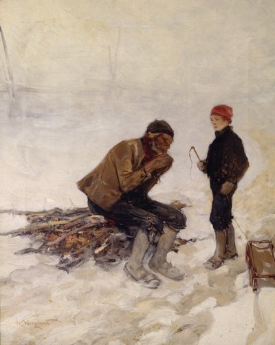 Old man and a boy on the ice by Oscar Arnold Wergeland