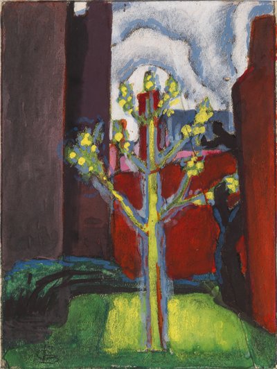Young Tree in Red Courtyard by Oscar Bleumner
