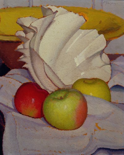 Composition with shell and three apples by Oscar Ghiglia