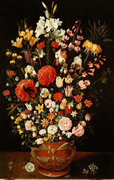 Tulips, Lilies, Irises, Roses, Carnations, Peonies and Other Flowers in a Sculpted Terracotta Urn by Osias the Elder Beert