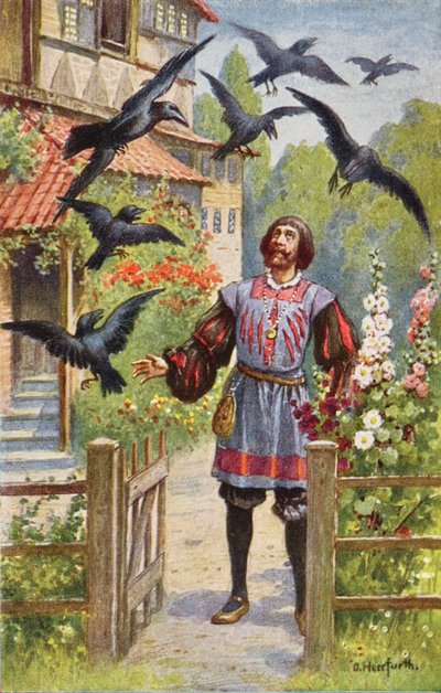The angry father, having cursed his seven sons, sees them all turned into ravens by Oskar Herrfurth