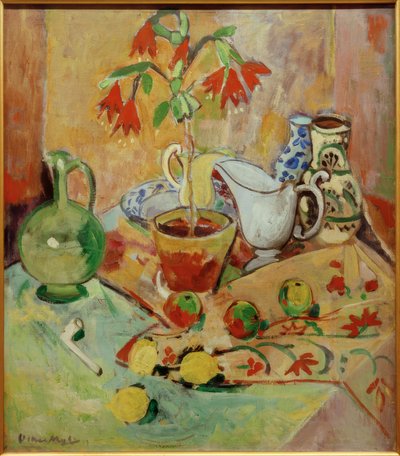 Still Life with Potted Plant and Jugs, Fruits and Pipe by Oskar Moll