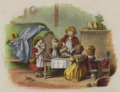 Group of little girls playing at having tea by Oskar Pletsch