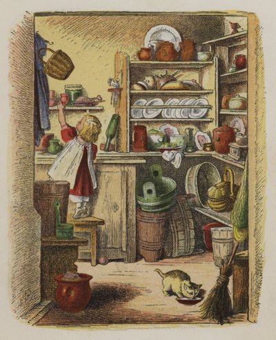 Little girl reaching for an item on a high shelf by Oskar Pletsch