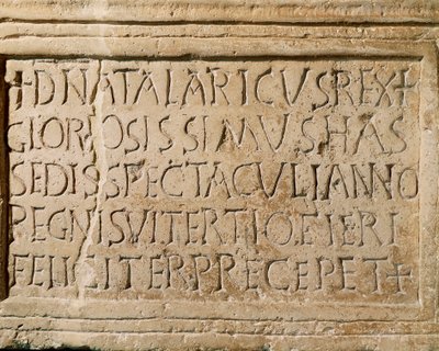 Barbarian civilization: inscription dating from the reign of King Ostrogoth Athalaric (516-534 AD) testifying to the existence of a theatre in Ticinum (present-day Pavia). 6th century. Musei Civici, Sezione Archeologia, Pavia, Italy by Ostrogothic Ostrogothic