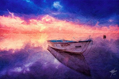 Serene Sunset Boat Reflection by Osvaldo Russo