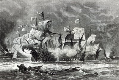 The Vanguard, under Sir William Winter, engaging the Spanish Armada, from 