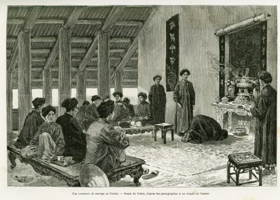 A wedding ceremony at Tonkin. Engraving to illustrate the story Trente mois au Tonkin, in 1884, by Dr Paul Hocquard, in le tour du monde 1890, under the direction of Edouard Charton, Hachette, Paris. by Oswaldo Tofani