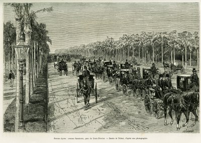 Buenos Aires, Sarmiento Avenue, Three February Park. Engraving to illustrate the story Voyage a la Plata, in 1886, by Emile Daireaux, in le tour du monde 1888, directed by Edouard Charton, Hachette, Paris. by Oswaldo Tofani