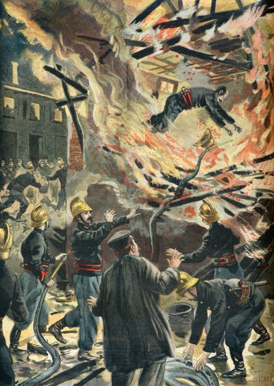 Death of Fireman Bailly during a Mill Fire in Bourges in 1898 (Engraving) by Oswaldo Tofani