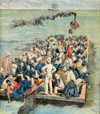 Embarkation on the Ship Hospital of the Wounded of the Expedition of Madagascar in 1896 (Engraving) by Oswaldo Tofani