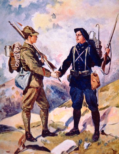 Italian and French Alpine soldiers shake hands as comrades in arms and mountain skill by Oswaldo Tofani
