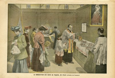 Illustration by Oswaldo Tofani (1849-1915) in Le Pelerin, 03/04/04 - The Benediction of Easter Eggs in Italy - Italy, Religion Faith, Easter, Catholic Catholicism - Egg by Oswaldo Tofani
