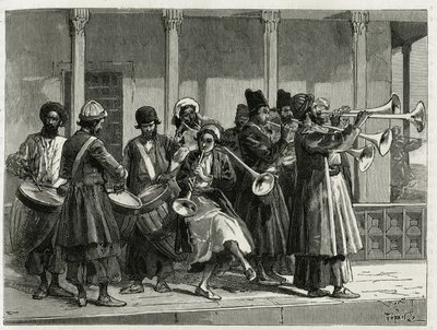Musicians greeting the sunrise in Isfahan (or Isfahan, Iran city). Engraving by Tofani, to illustrate the story 