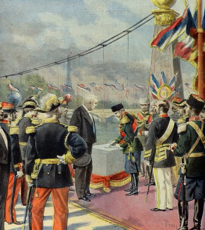 Nicolas II Lays the First Stone of the Alexandre III Bridge, in the Presence of Felix Faure, Paris 1896 (Engraving) by Oswaldo Tofani