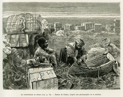 Smuggling of archeological excavations in the Persian desert. Engraving to illustrate the story A Suse. by Oswaldo Tofani